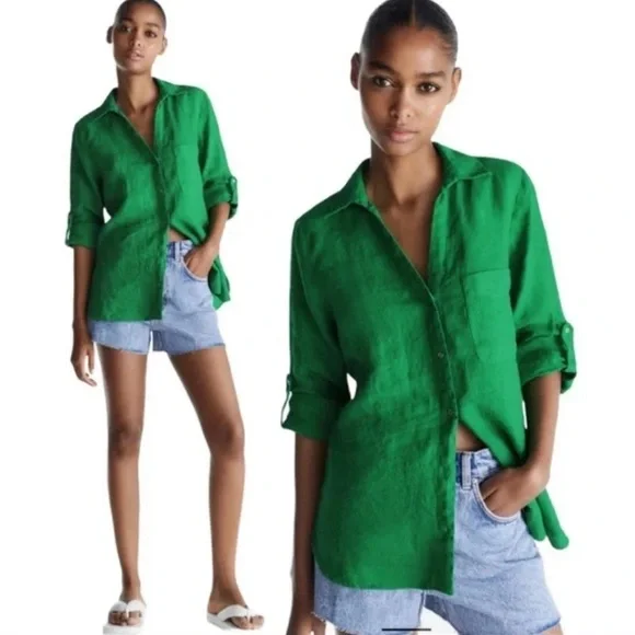 Zara Long Sleeve Button Down Green Blouse Woman’s Size Large - Picture 6 of 11